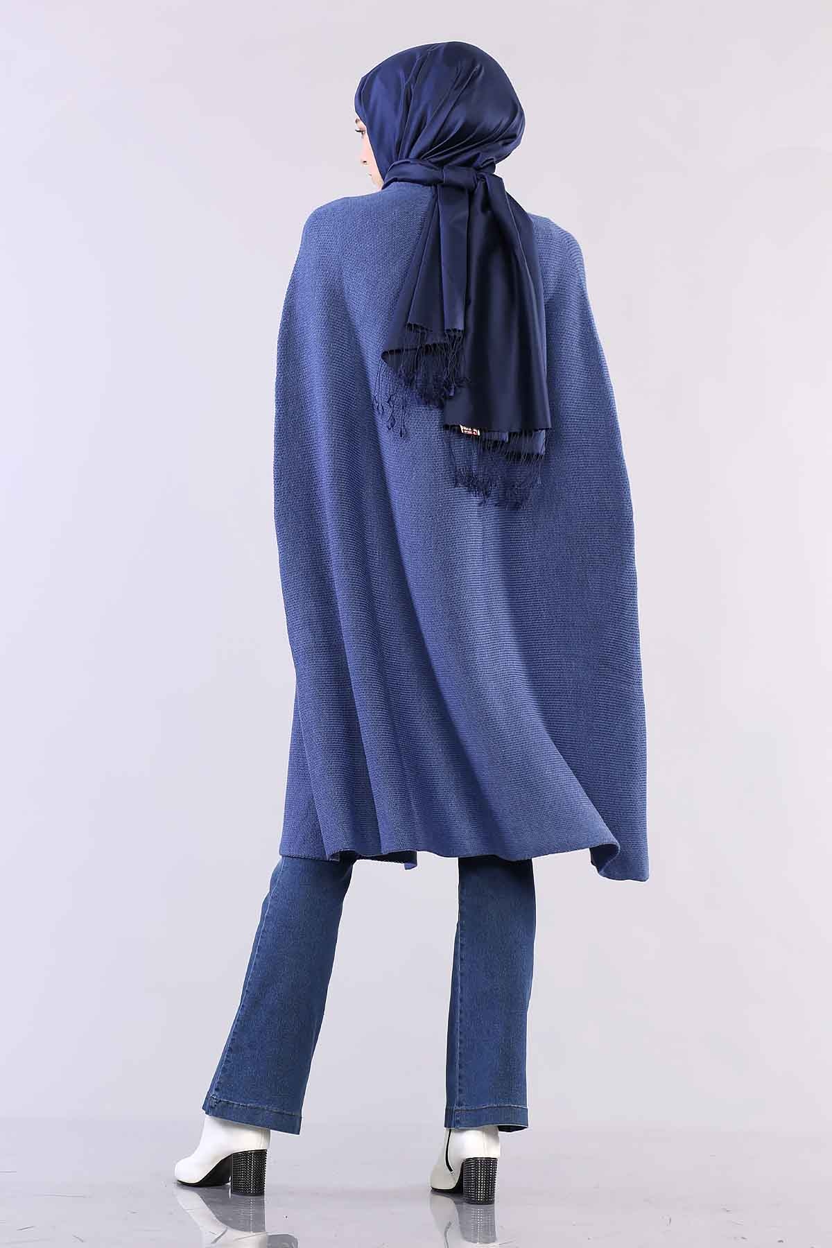 2188 Düğmeli Pelerin Tek - Indigo - 5