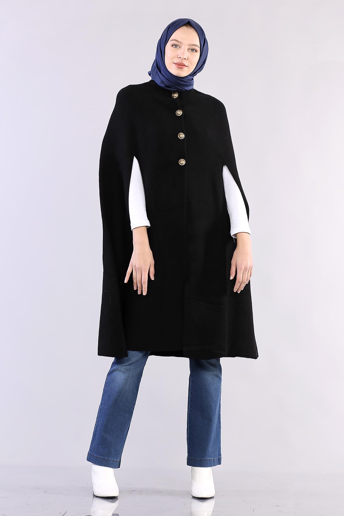 2188 Düğmeli Pelerin Tek - Siyah - 1