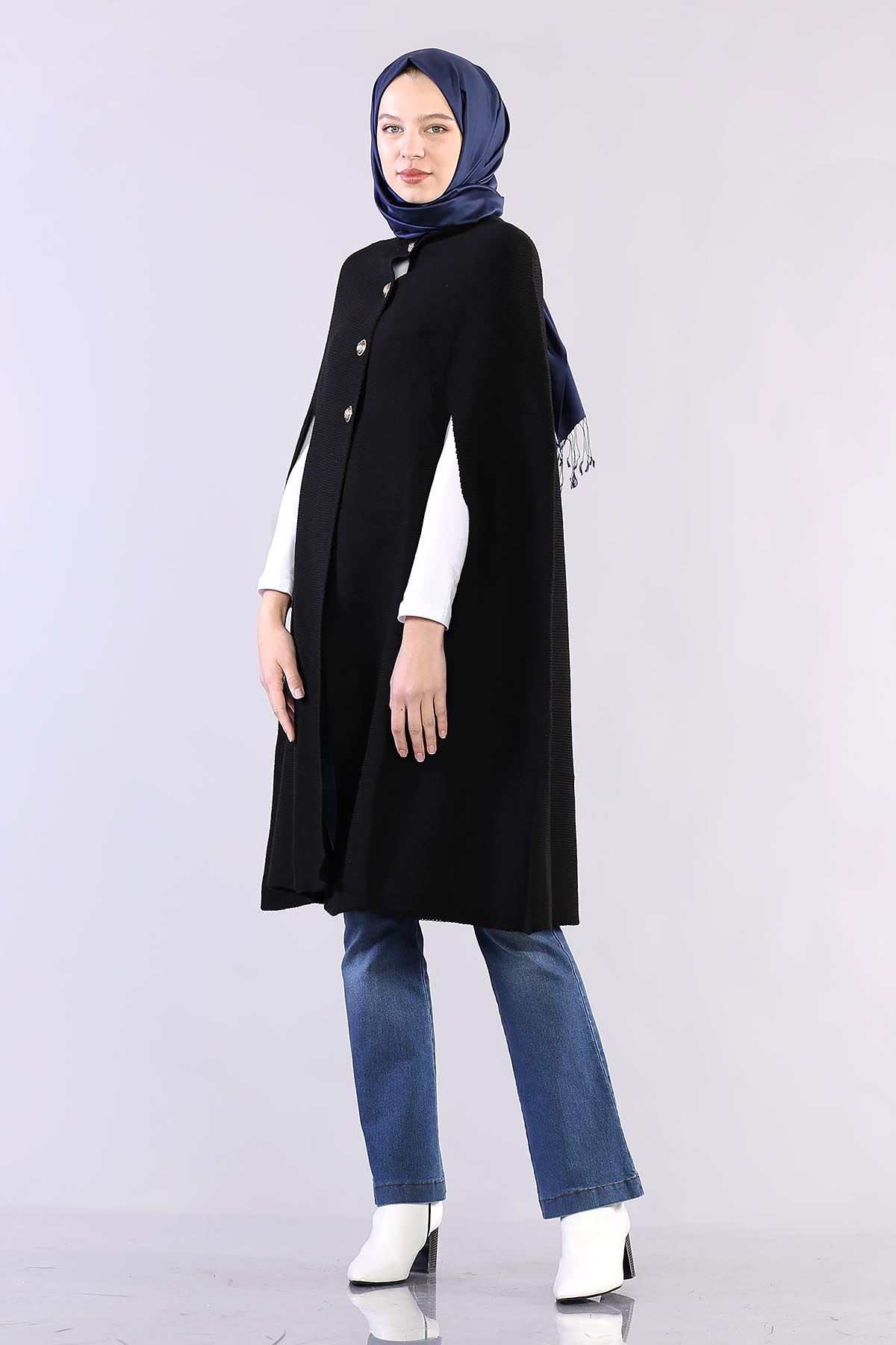 2188 Düğmeli Pelerin Tek - Siyah - 2