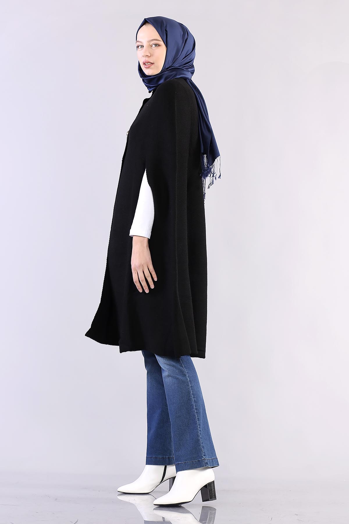 2188 Düğmeli Pelerin Tek - Siyah - 3