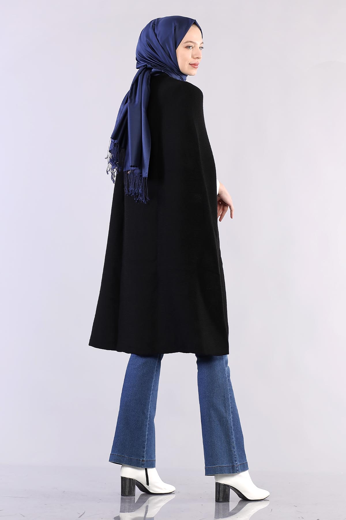 2188 Düğmeli Pelerin Tek - Siyah - 5