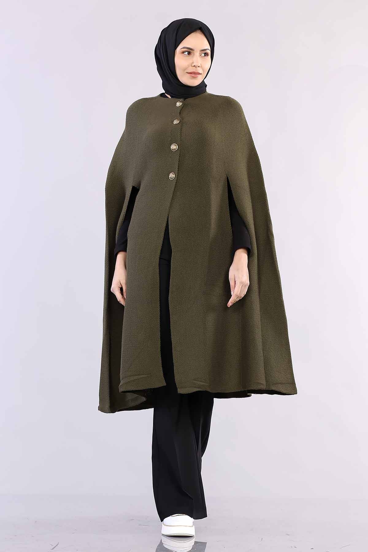 2188 Düğmeli Pelerin Tek - Yesil - 1