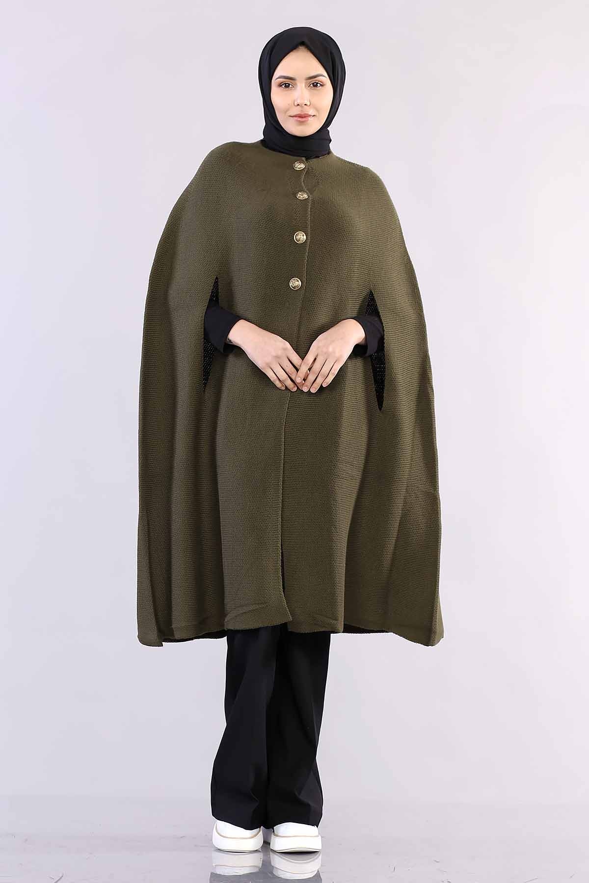 2188 Düğmeli Pelerin Tek - Yesil - 2