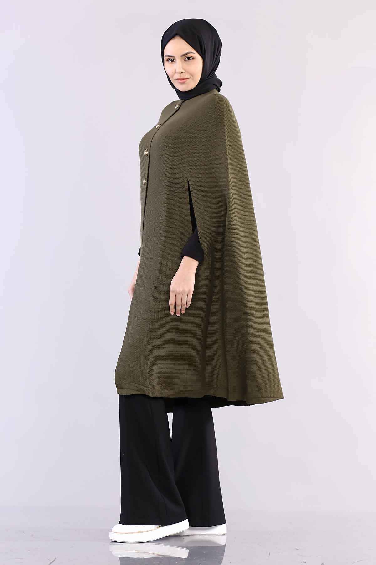 2188 Düğmeli Pelerin Tek - Yesil - 3