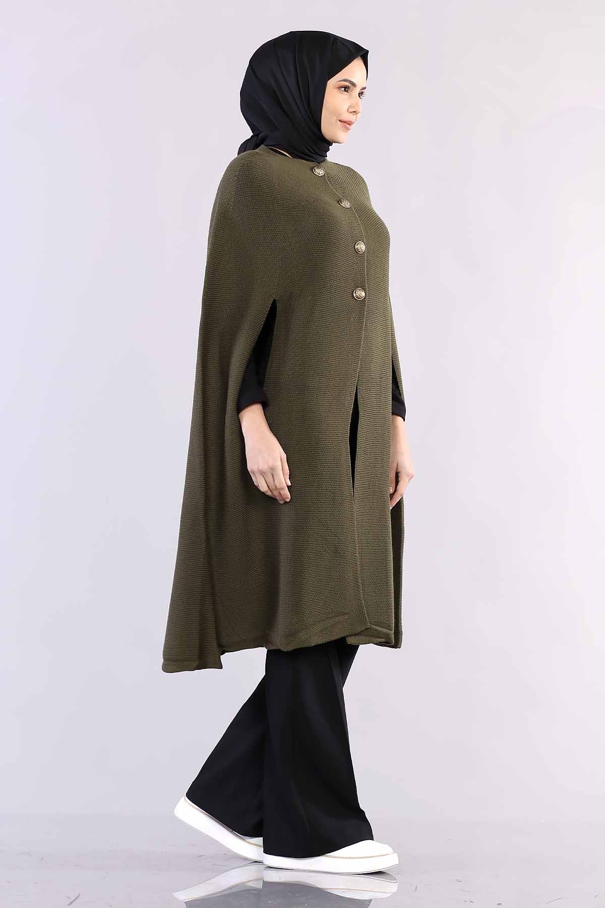 2188 Düğmeli Pelerin Tek - Yesil - 4