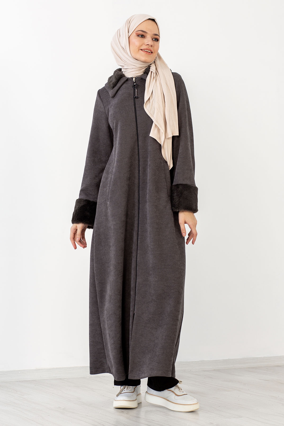 2195 Kürklü Ferace 42-52 - Gri - 3