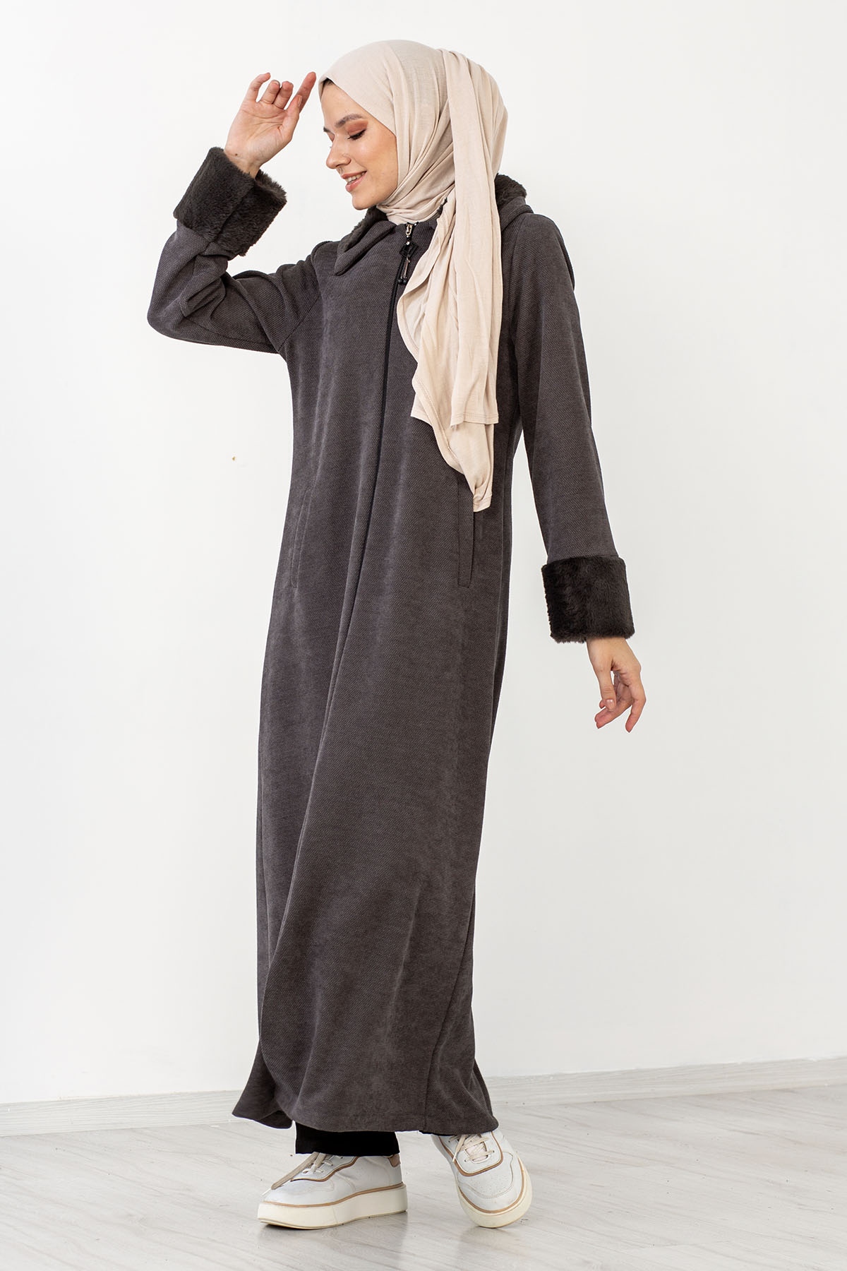 2195 Kürklü Ferace 42-52 - Gri - 4