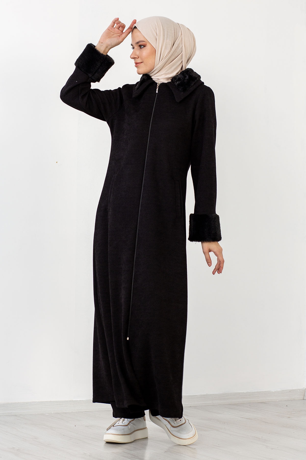 2195 Kürklü Ferace 42-52 - Siyah - 3