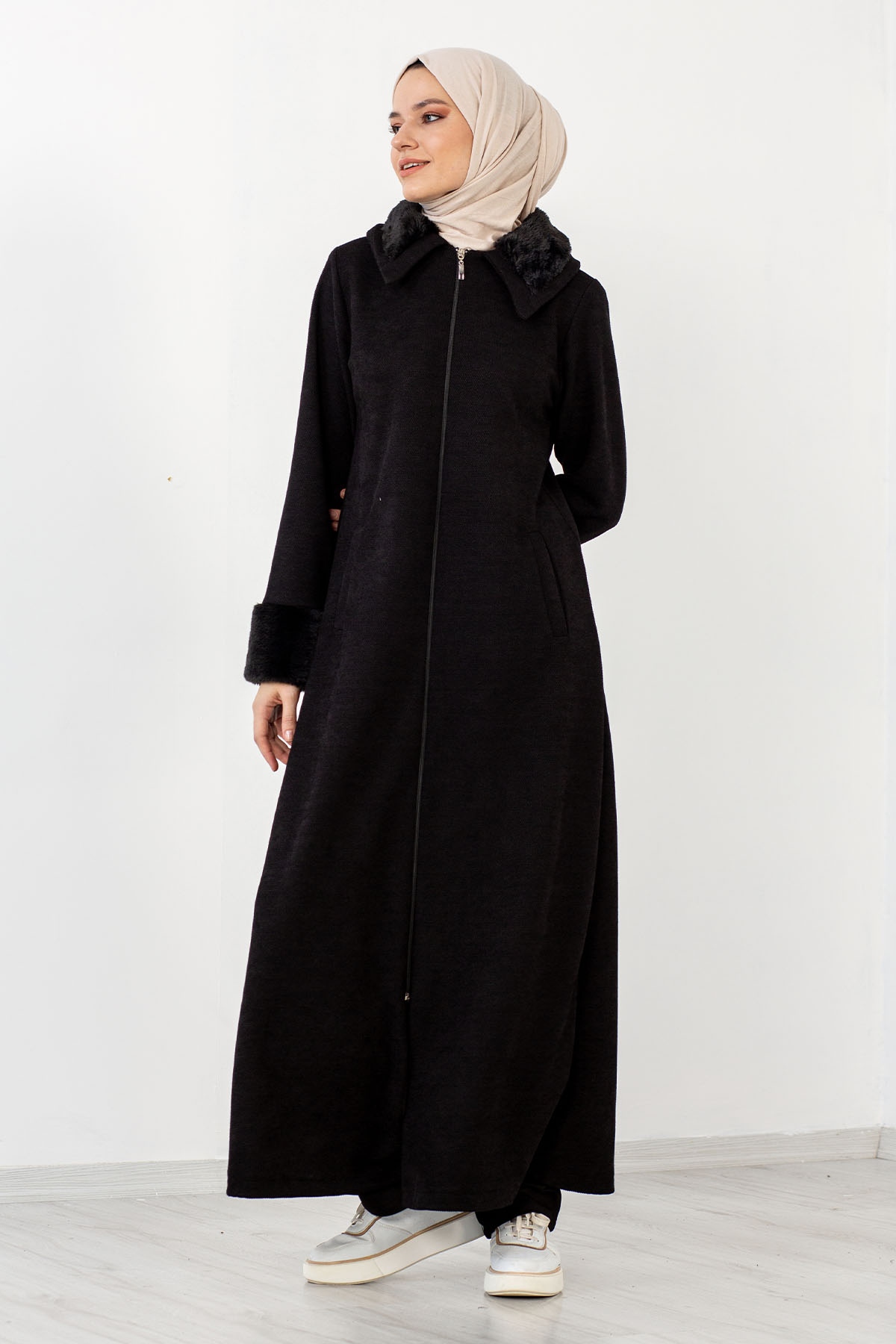 2195 Kürklü Ferace 42-52 - Siyah - 4