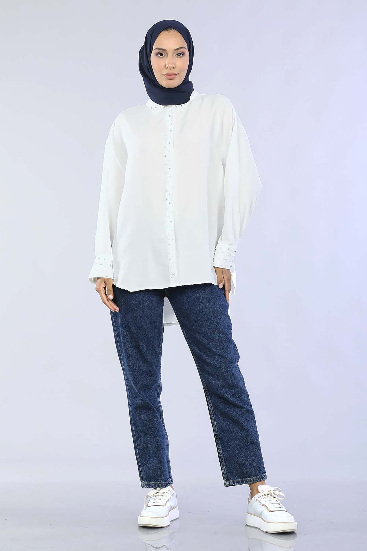 2259 İncili Gömlek 38-44 - Beyaz - 1