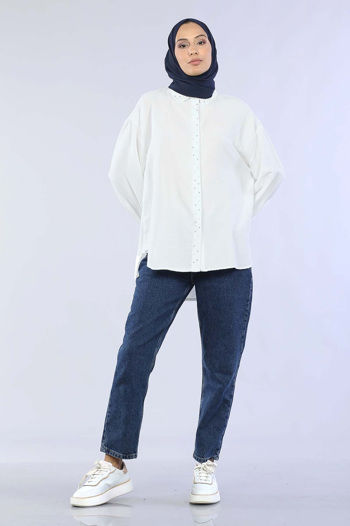 2259 İncili Gömlek 38-44 - Beyaz - 2