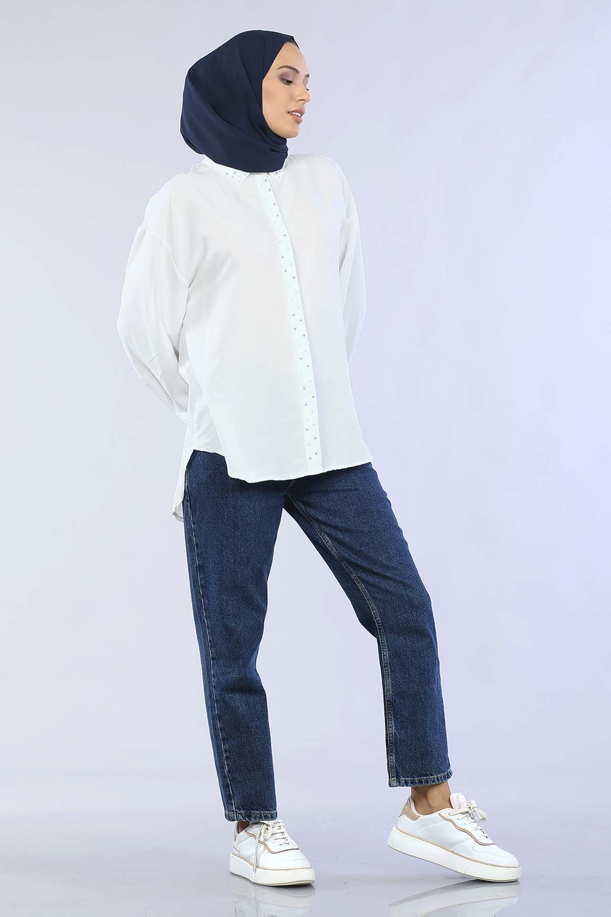 2259 İncili Gömlek 38-44 - Beyaz - 3