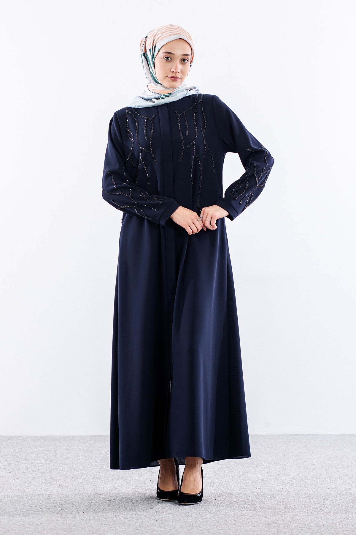 2273 Ferace 42-52 Kol Isli şik Detay - Lacivert - 1