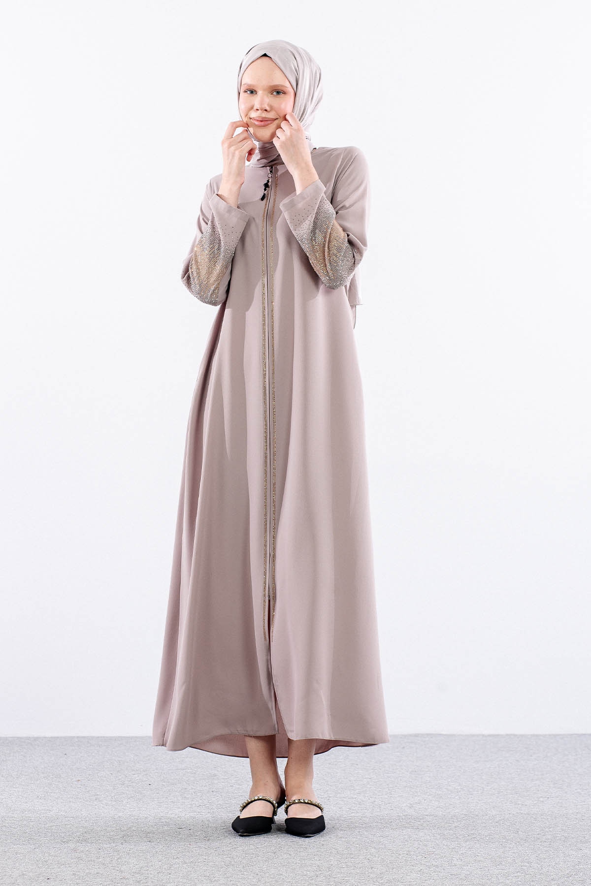 2301 şik Ferace 42-52 - Bej - 2