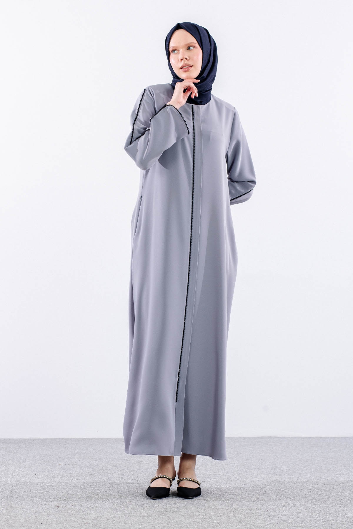 2302 şik Ferace 42-52 Boncuk Biye Detay - A_gri - 2