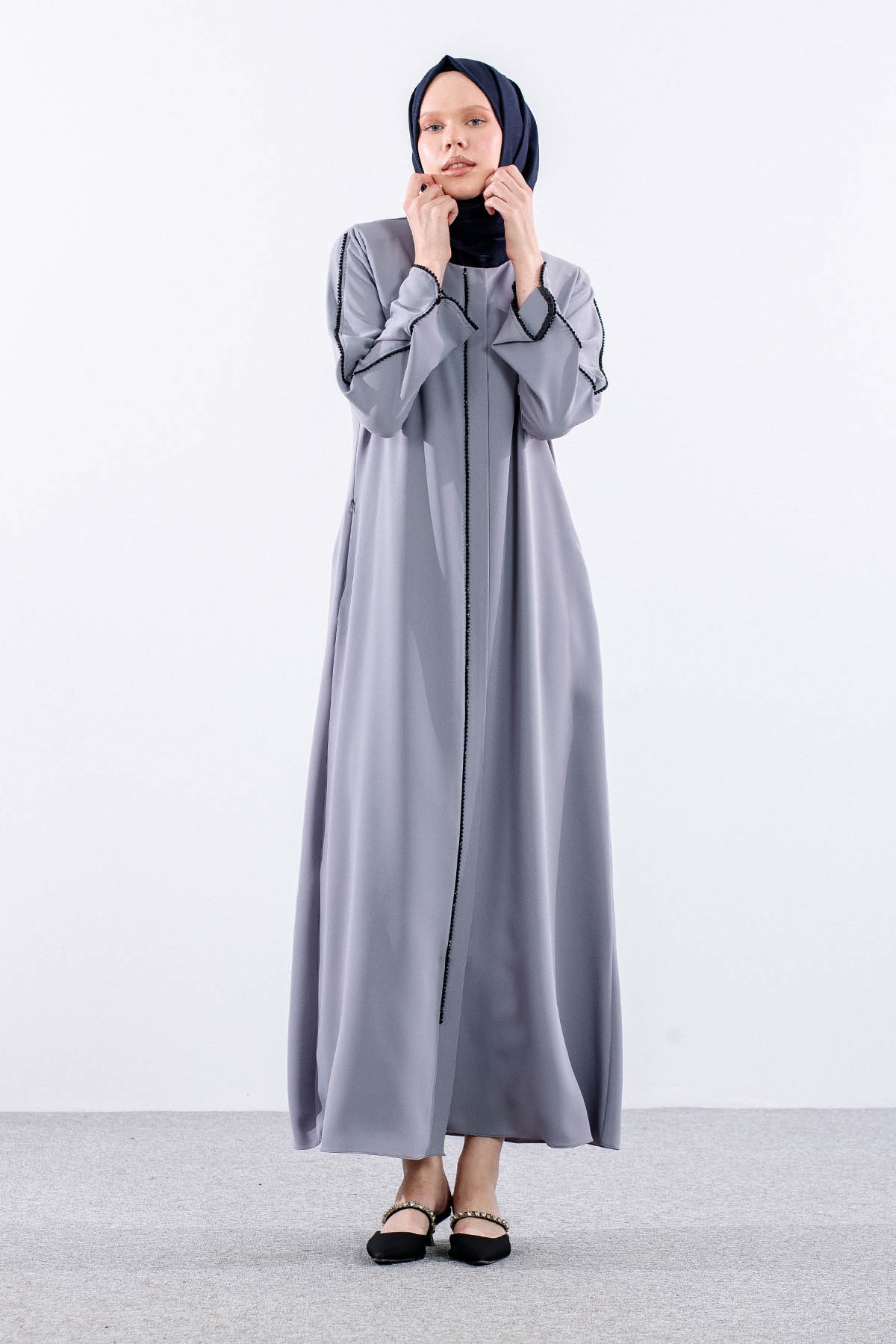 2302 şik Ferace 42-52 Boncuk Biye Detay - A_gri - 3