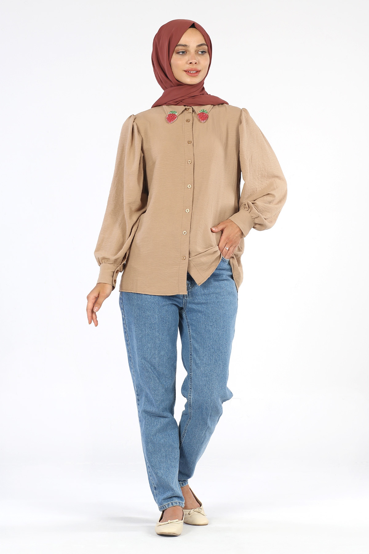 Yakası Çilek Detaylı Tunik Vizon - 1