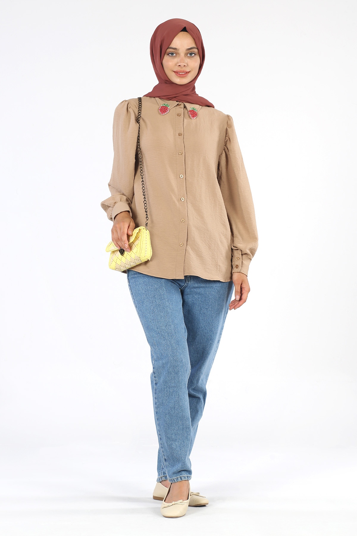 Yakası Çilek Detaylı Tunik Vizon - 2