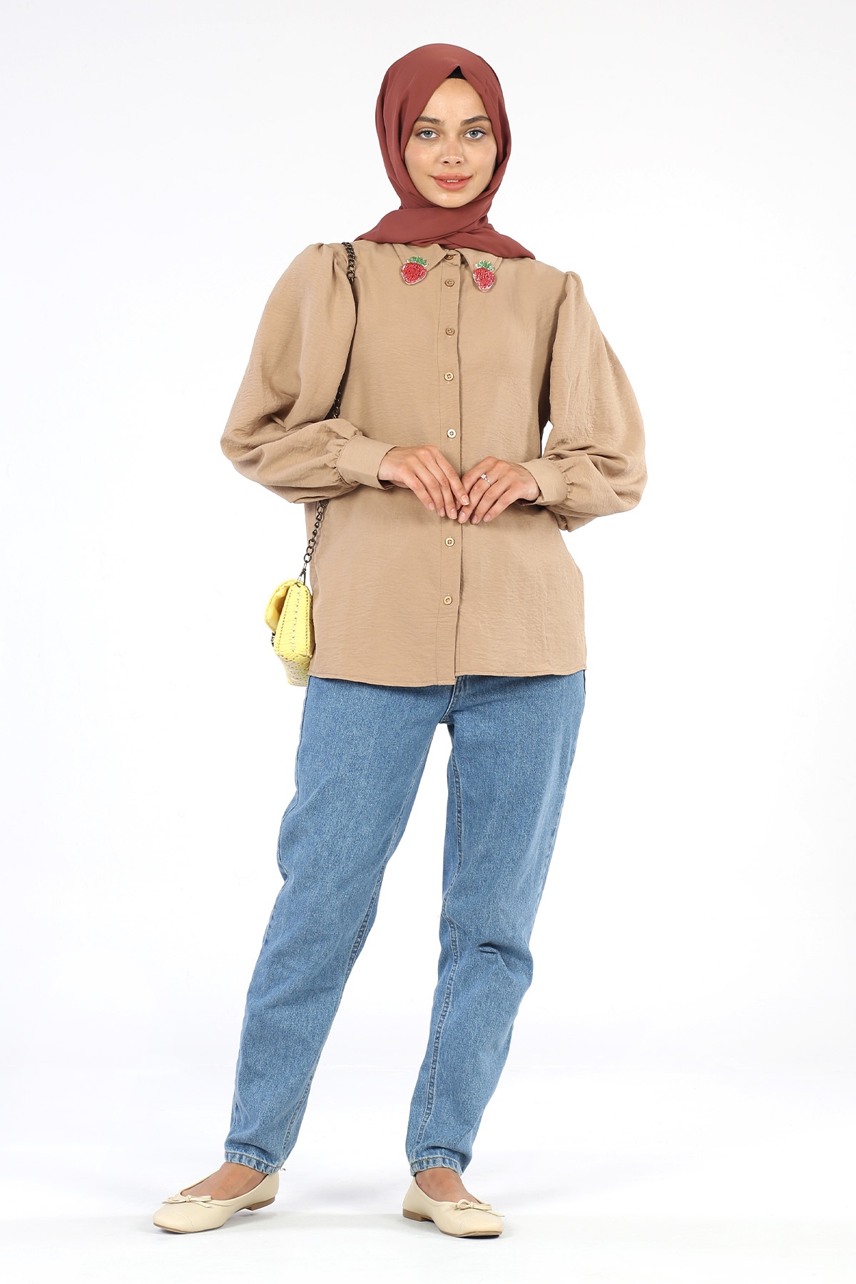 Yakası Çilek Detaylı Tunik Vizon - 3