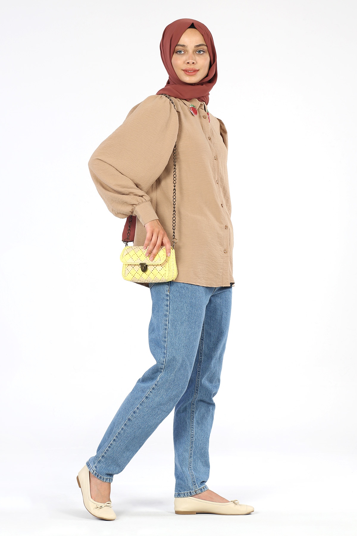 Yakası Çilek Detaylı Tunik Vizon - 4