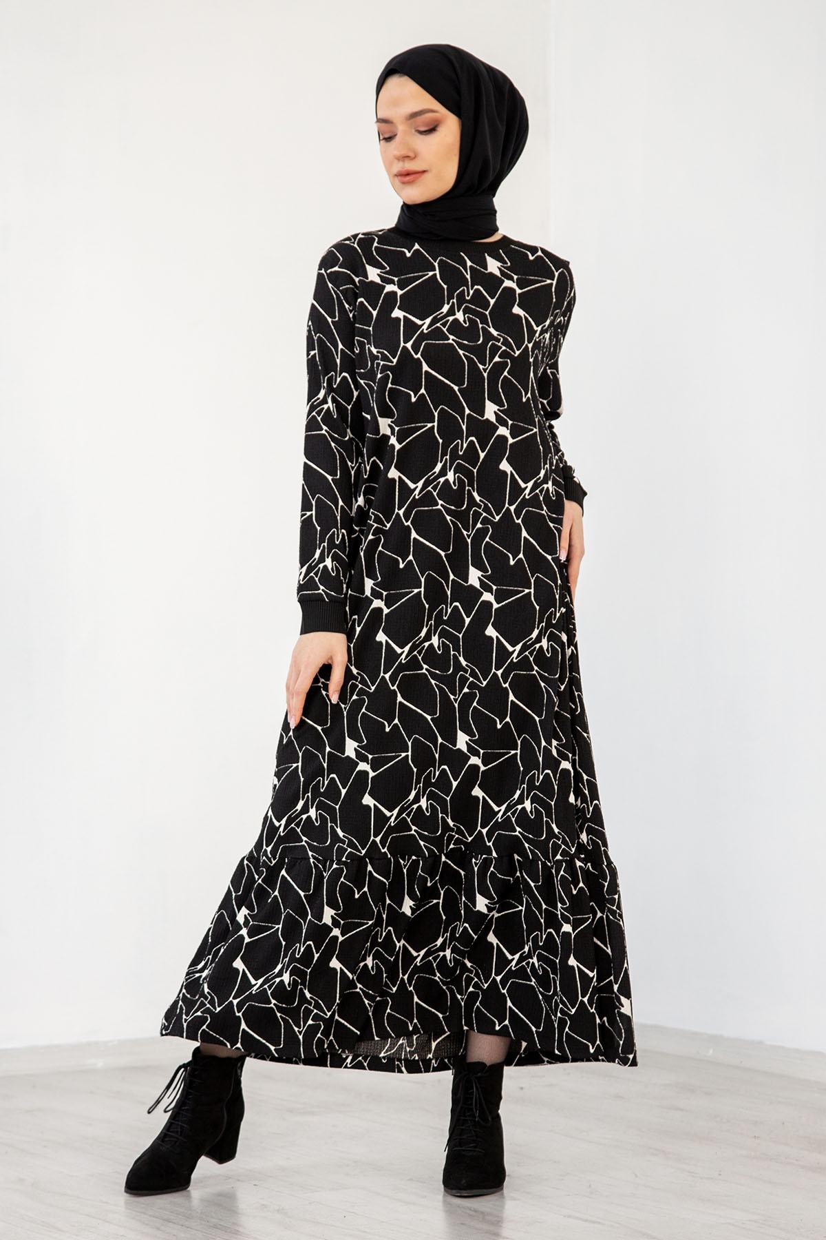 24129 Elbise 44-46-48 - Siyah_ekru - 1