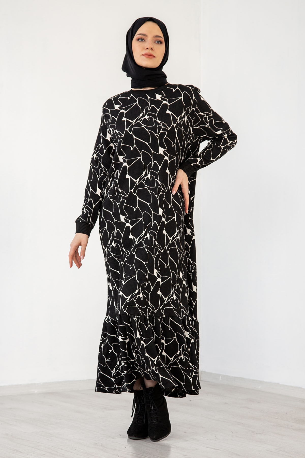 24129 Elbise 44-46-48 - Siyah_ekru - 2