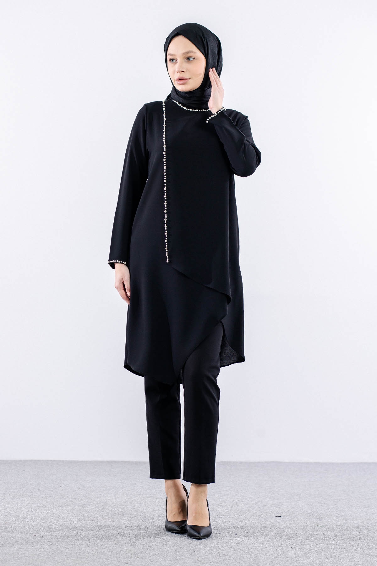 2417 Tunik 42-48 İnci - Siyah - 2