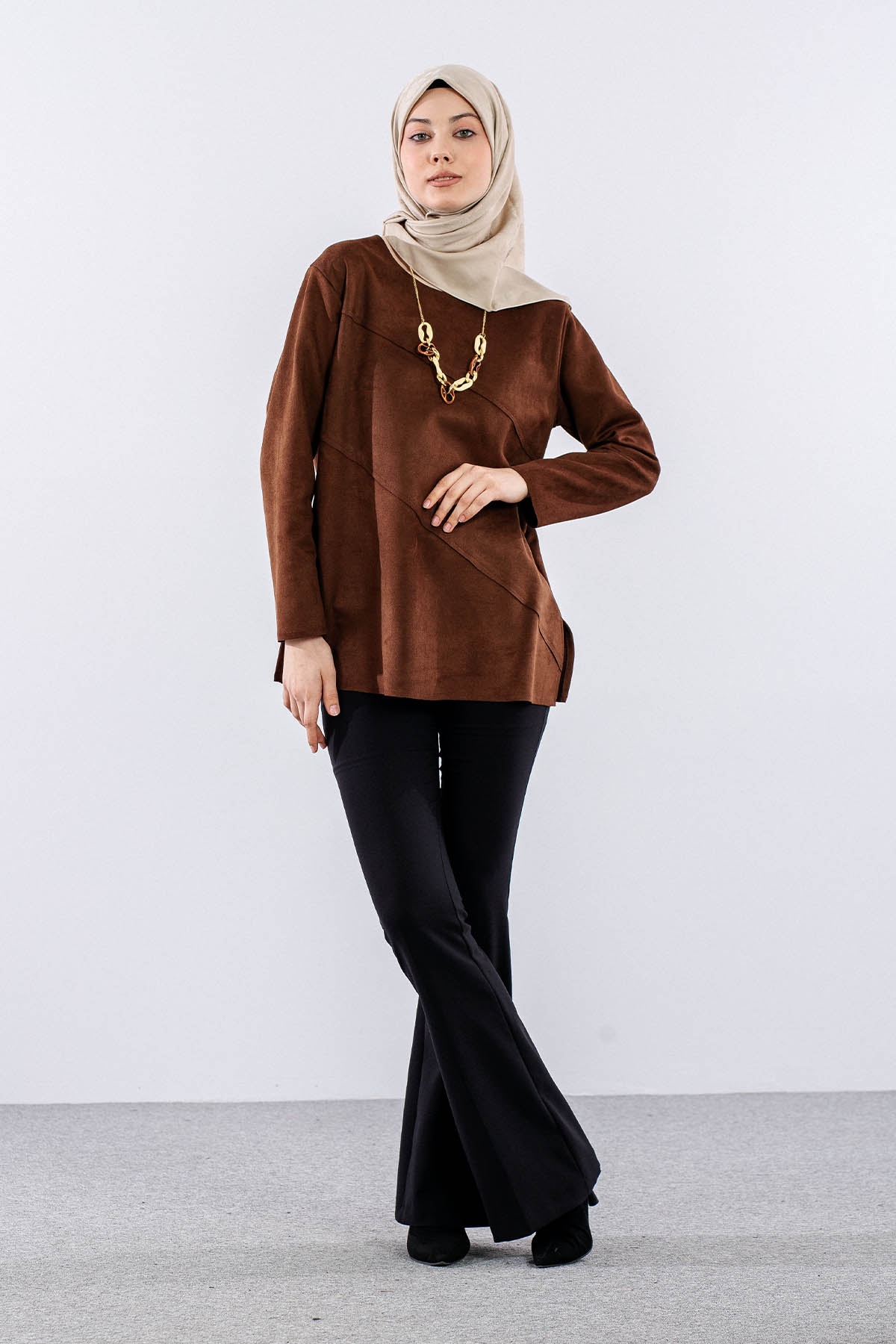 2470 Süet Bluz 44-50 - Kahve - 2