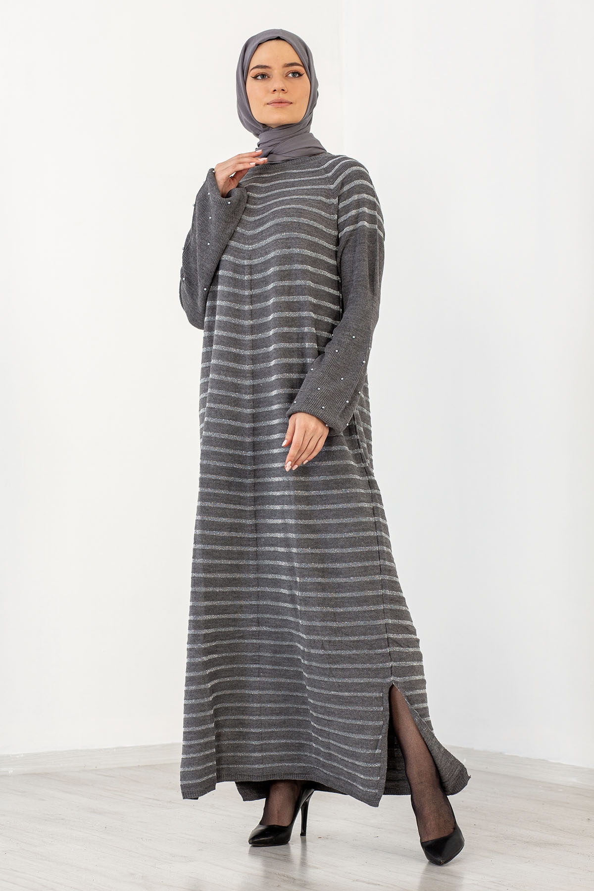 2483 Triko Simli Elbise Tek - Antrasit - 1