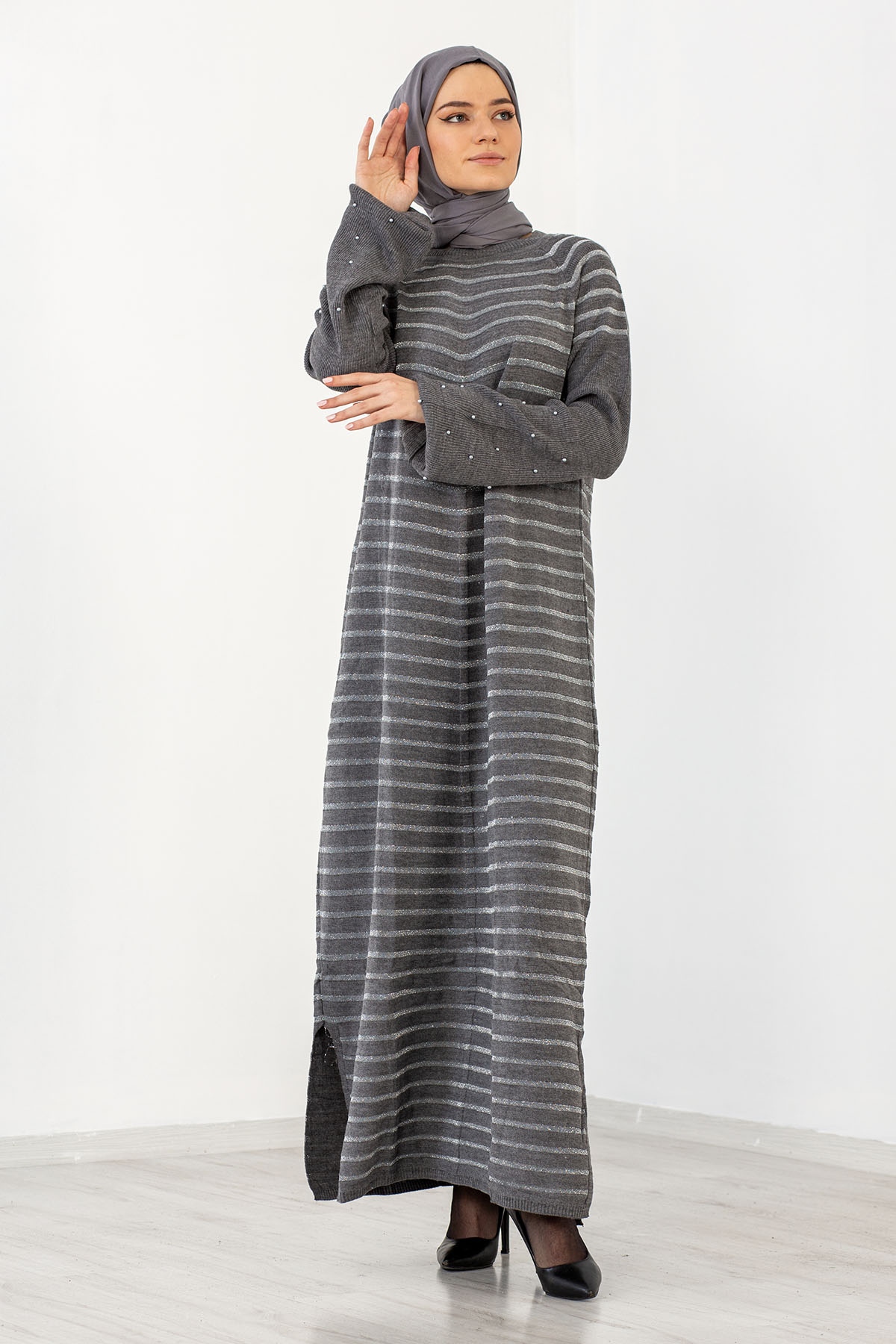 2483 Triko Simli Elbise Tek - Antrasit - 2