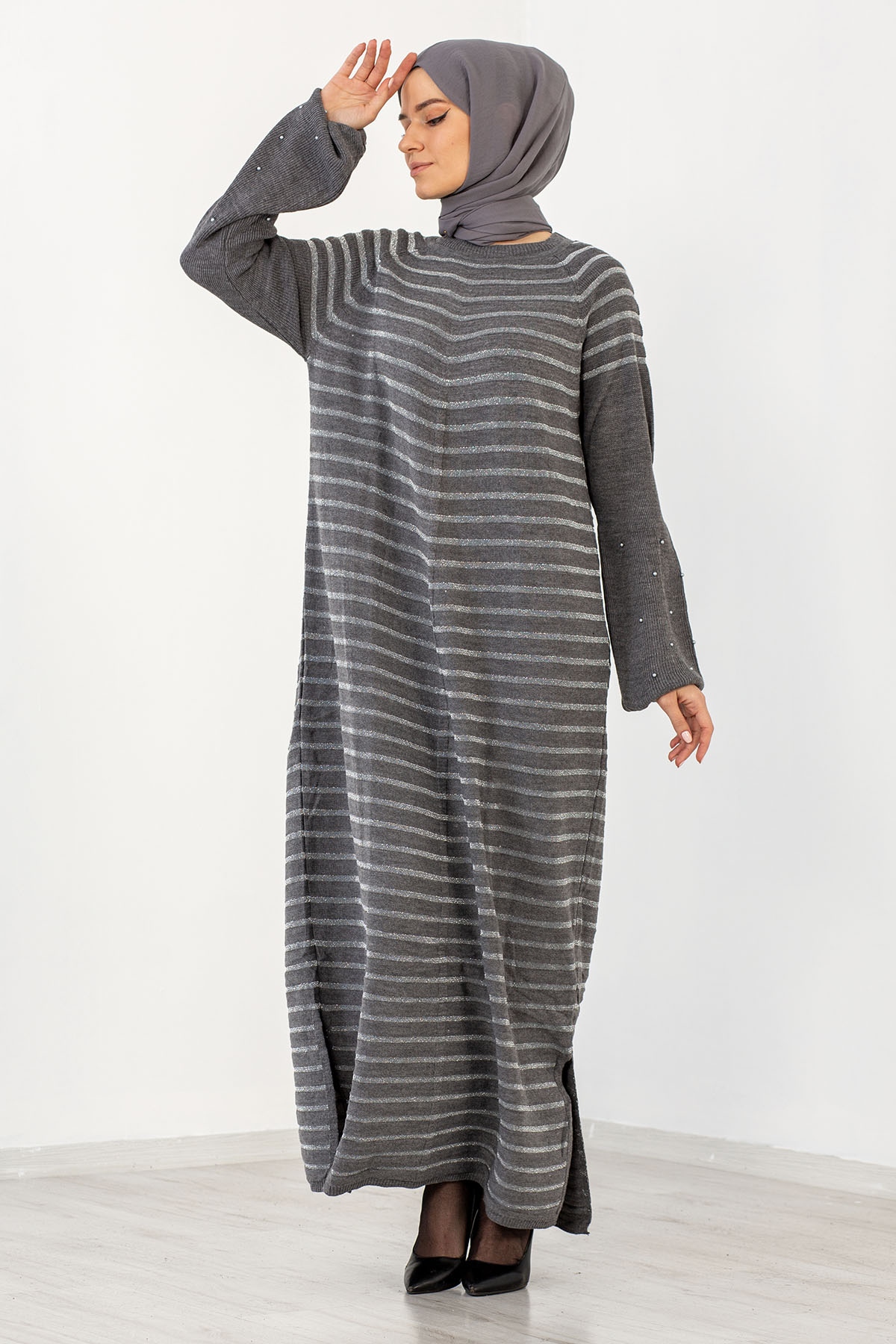 2483 Triko Simli Elbise Tek - Antrasit - 3