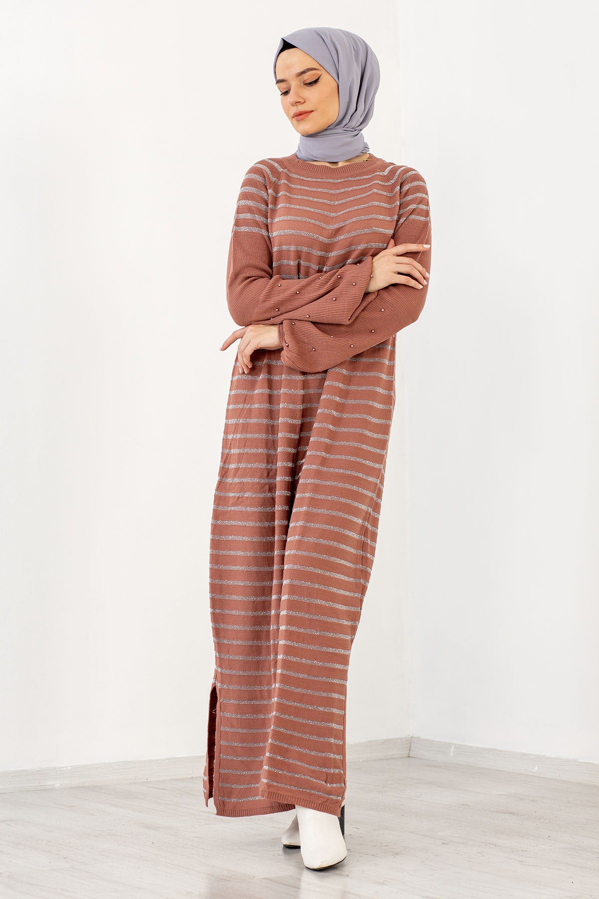 2483 Triko Simli Elbise Tek - Gul - 1