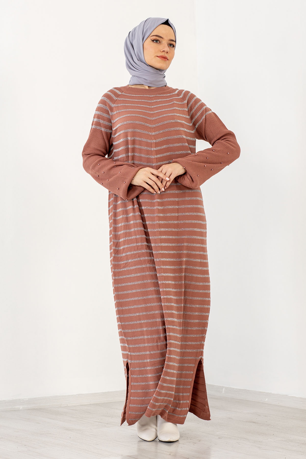 2483 Triko Simli Elbise Tek - Gul - 2