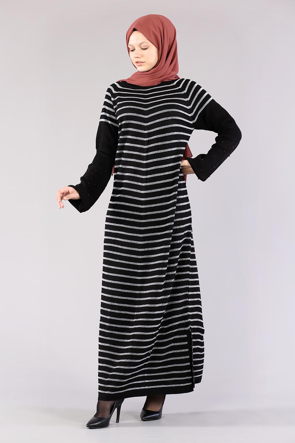 2483 Triko Simli Elbise Tek - Siyah - 1