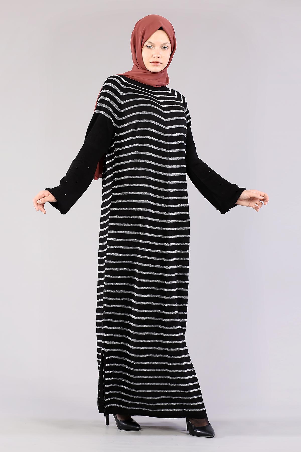 2483 Triko Simli Elbise Tek - Siyah - 2