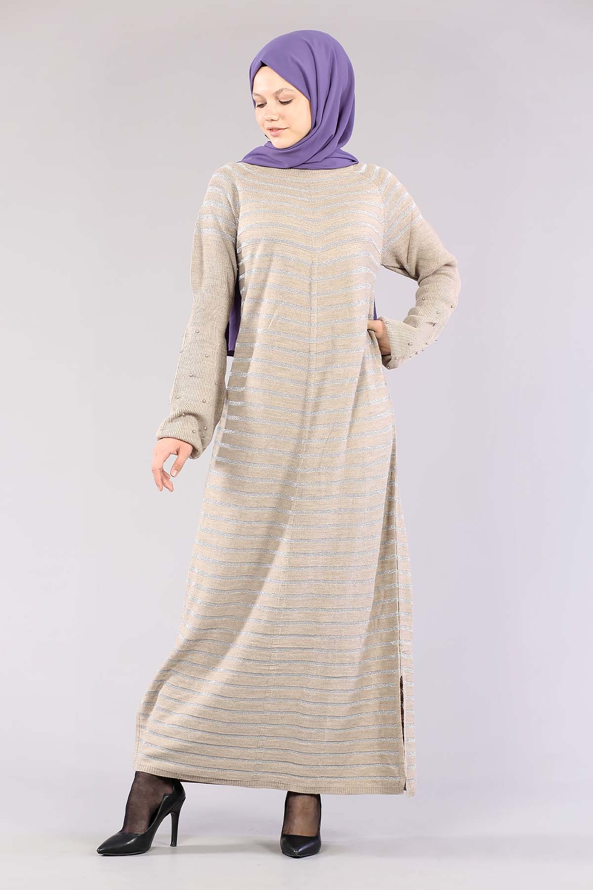 2483 Triko Simli Elbise Tek - Vizon - 1