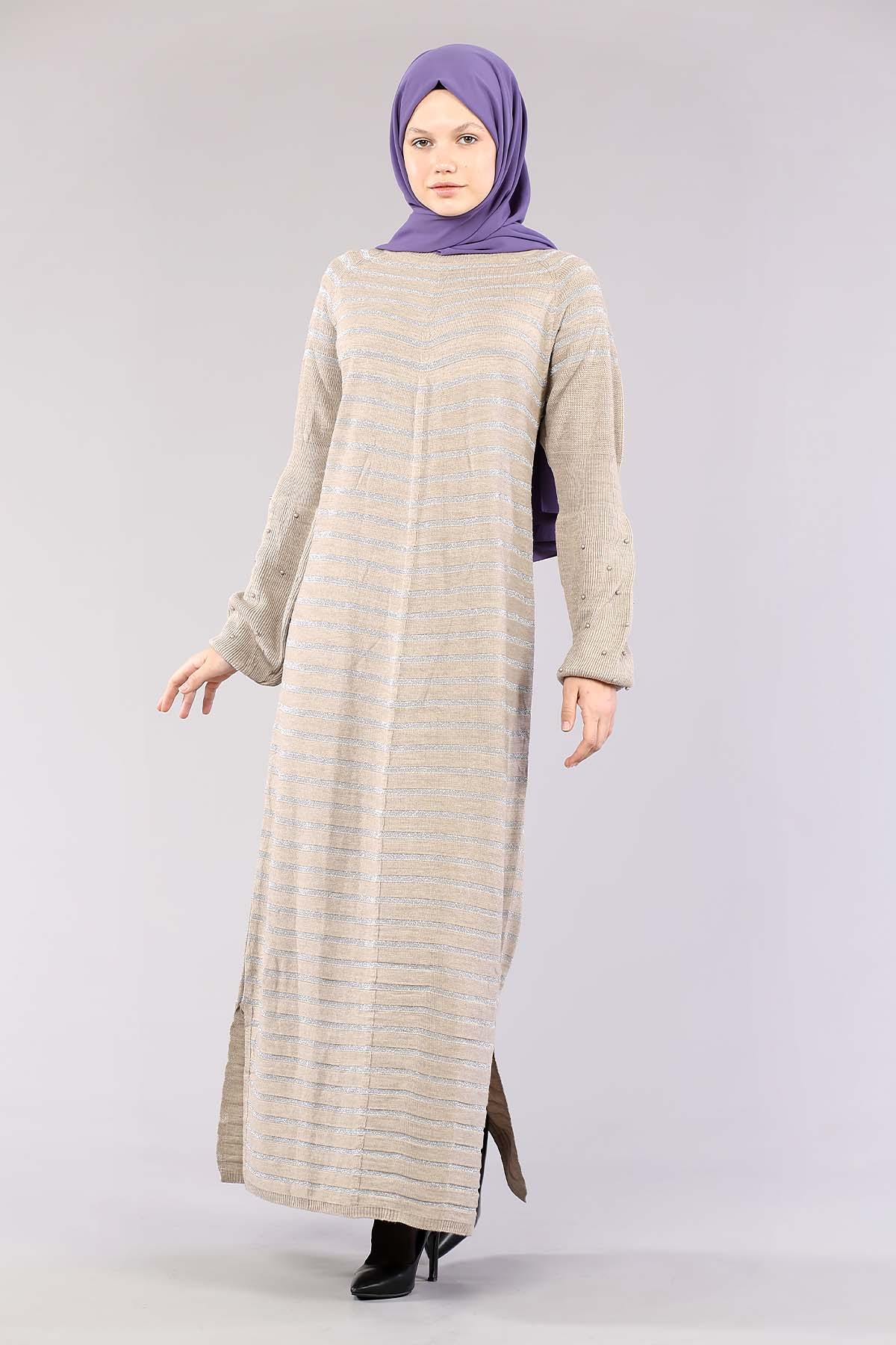 2483 Triko Simli Elbise Tek - Vizon - 2