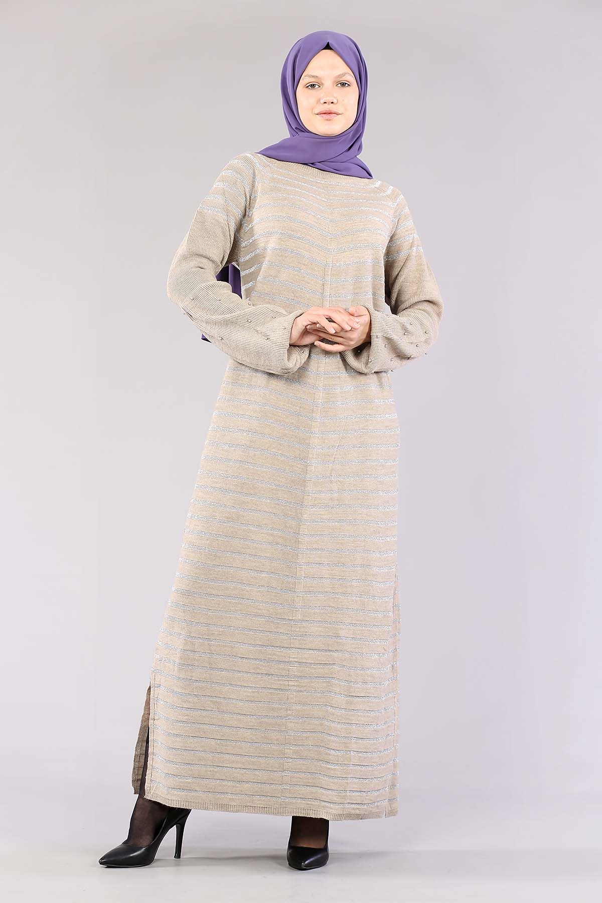 2483 Triko Simli Elbise Tek - Vizon - 3