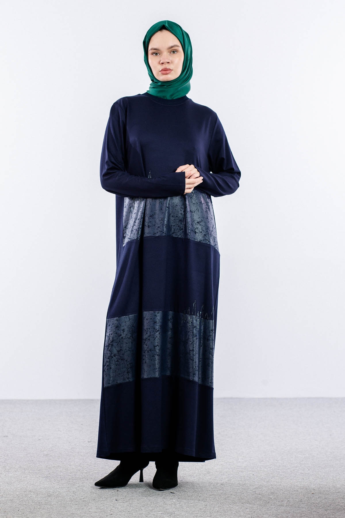 25113 Elbise 44-46-48 Deri Garni - Lacivert - 1