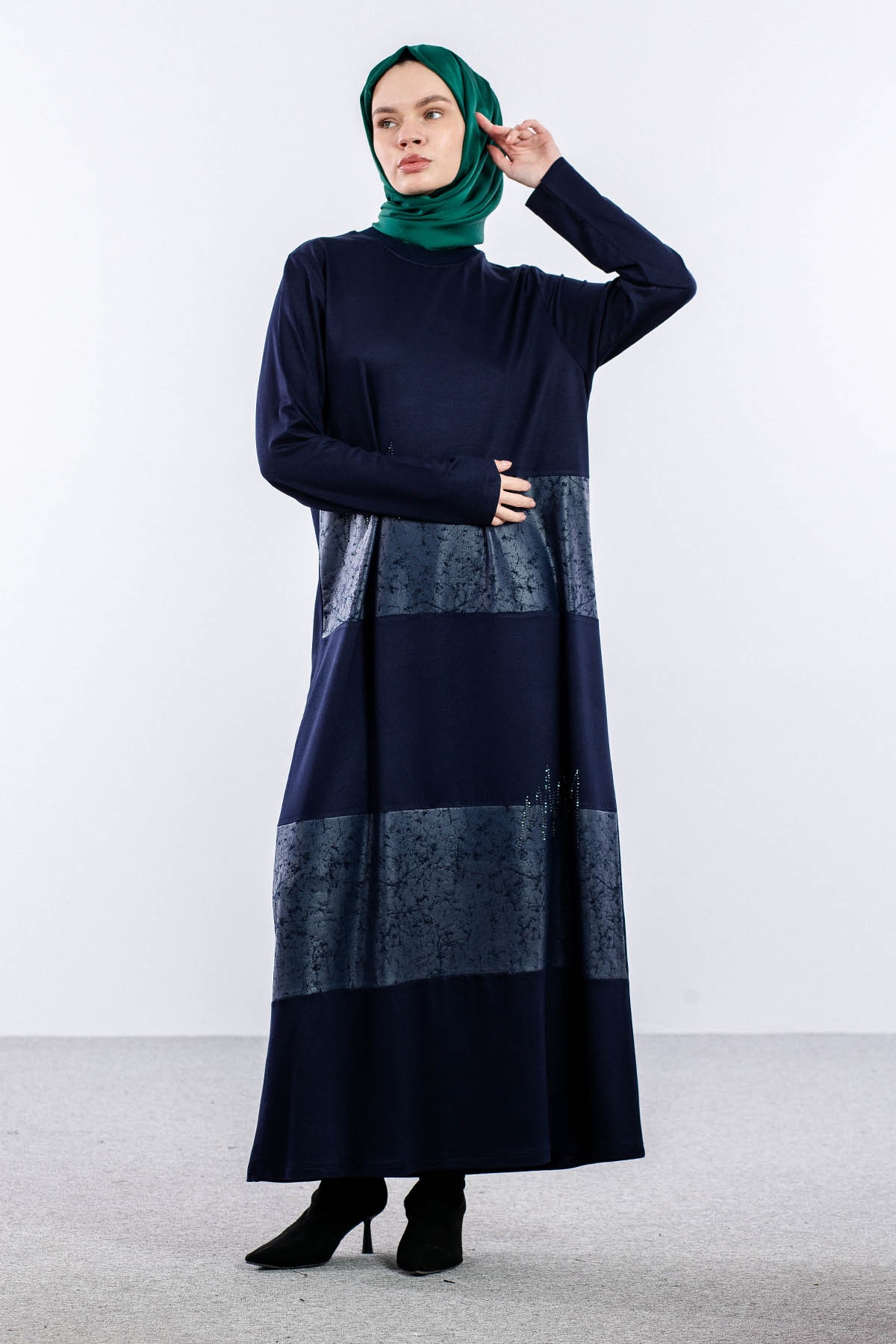 25113 Elbise 44-46-48 Deri Garni - Lacivert - 2