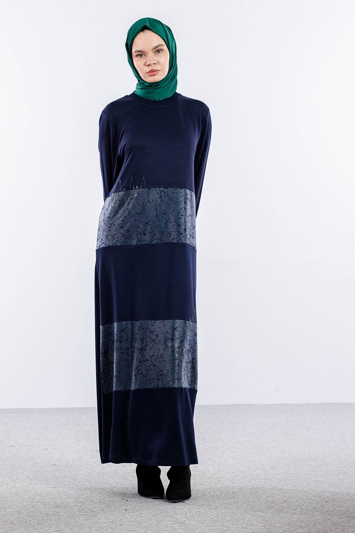 25113 Elbise 44-46-48 Deri Garni - Lacivert - 3