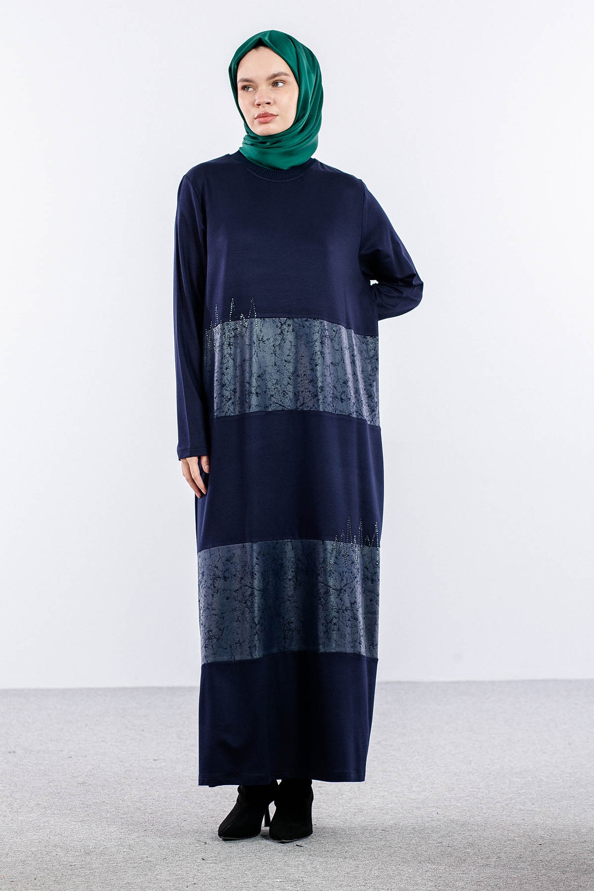 25113 Elbise 44-46-48 Deri Garni - Lacivert - 4