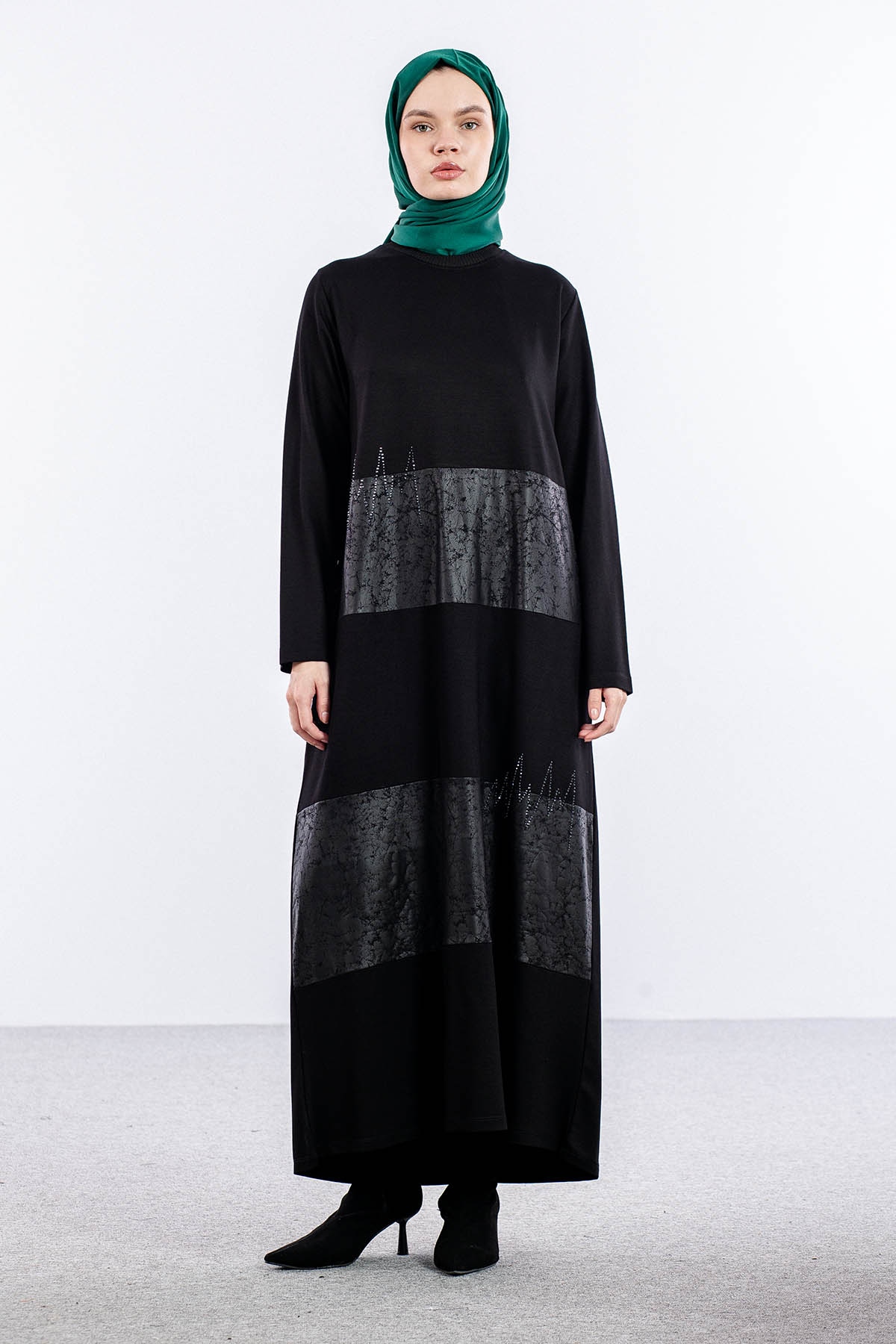 25113 Elbise 44-46-48 Deri Garni - Siyah_k.deri - 1