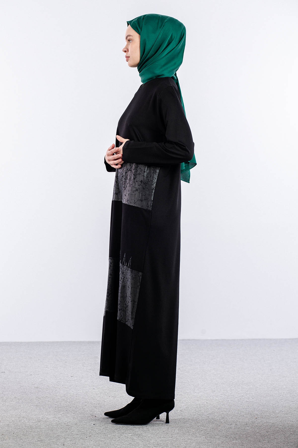 25113 Elbise 44-46-48 Deri Garni - Siyah_k.deri - 3