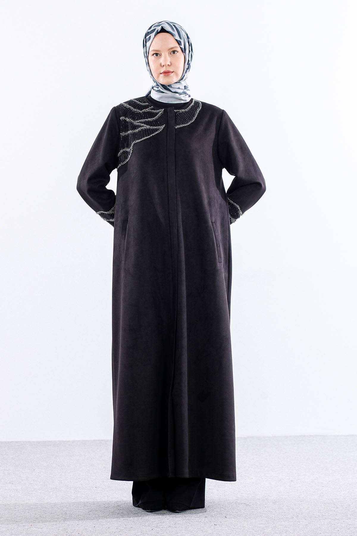 2512 Suet Pardesü 44-54 Boncuk Detay - Siyah - 1
