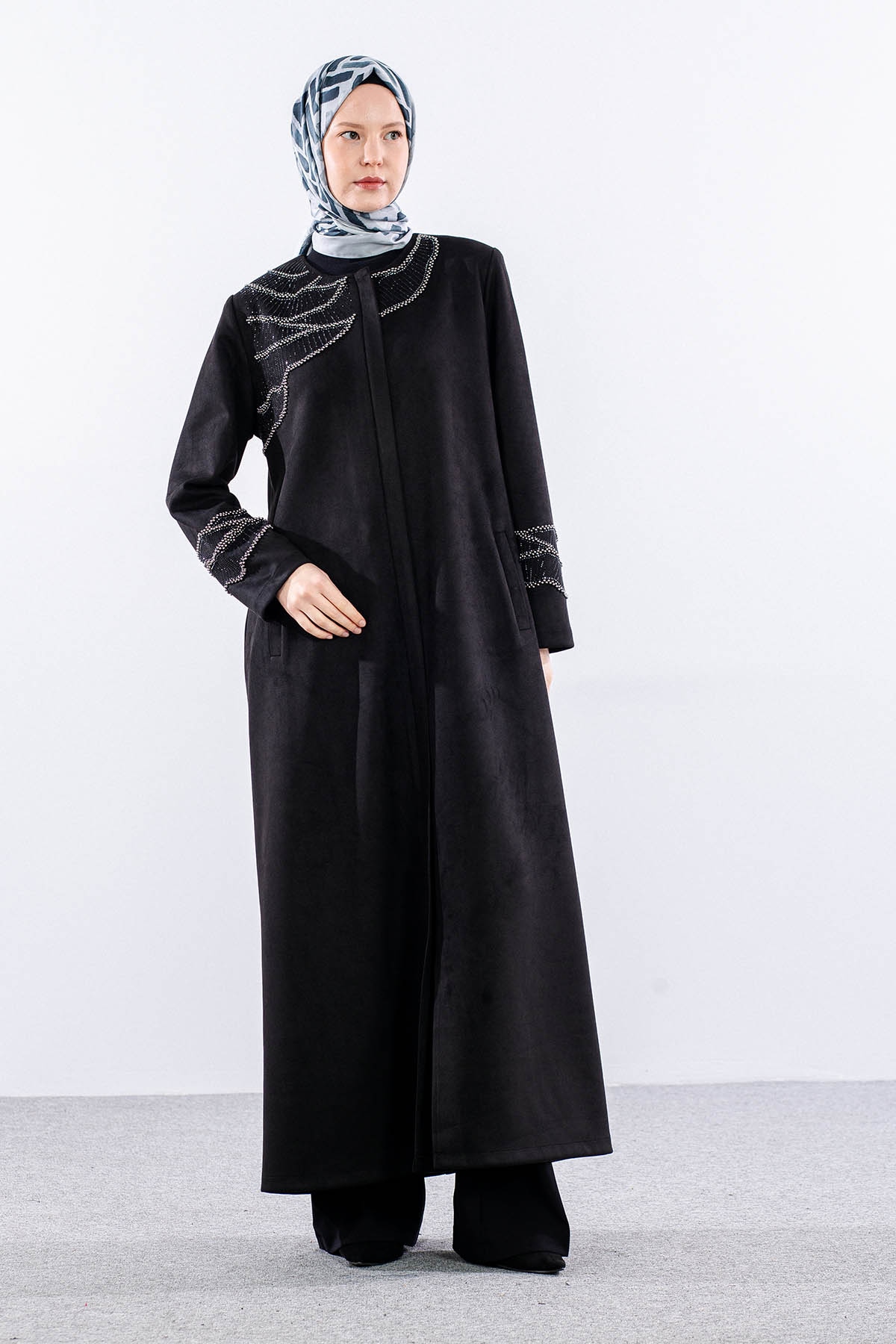 2512 Suet Pardesü 44-54 Boncuk Detay - Siyah - 2