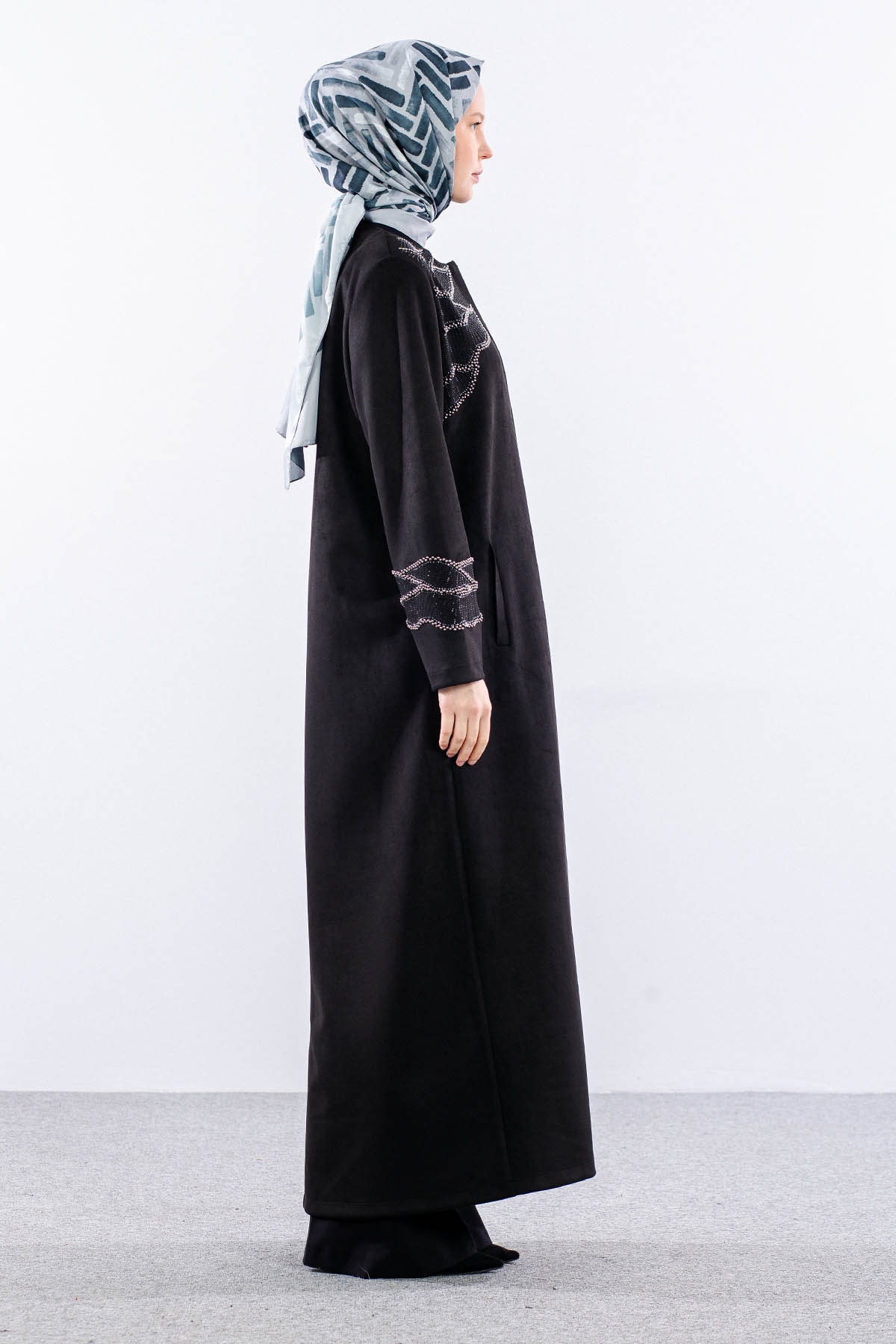 2512 Suet Pardesü 44-54 Boncuk Detay - Siyah - 3