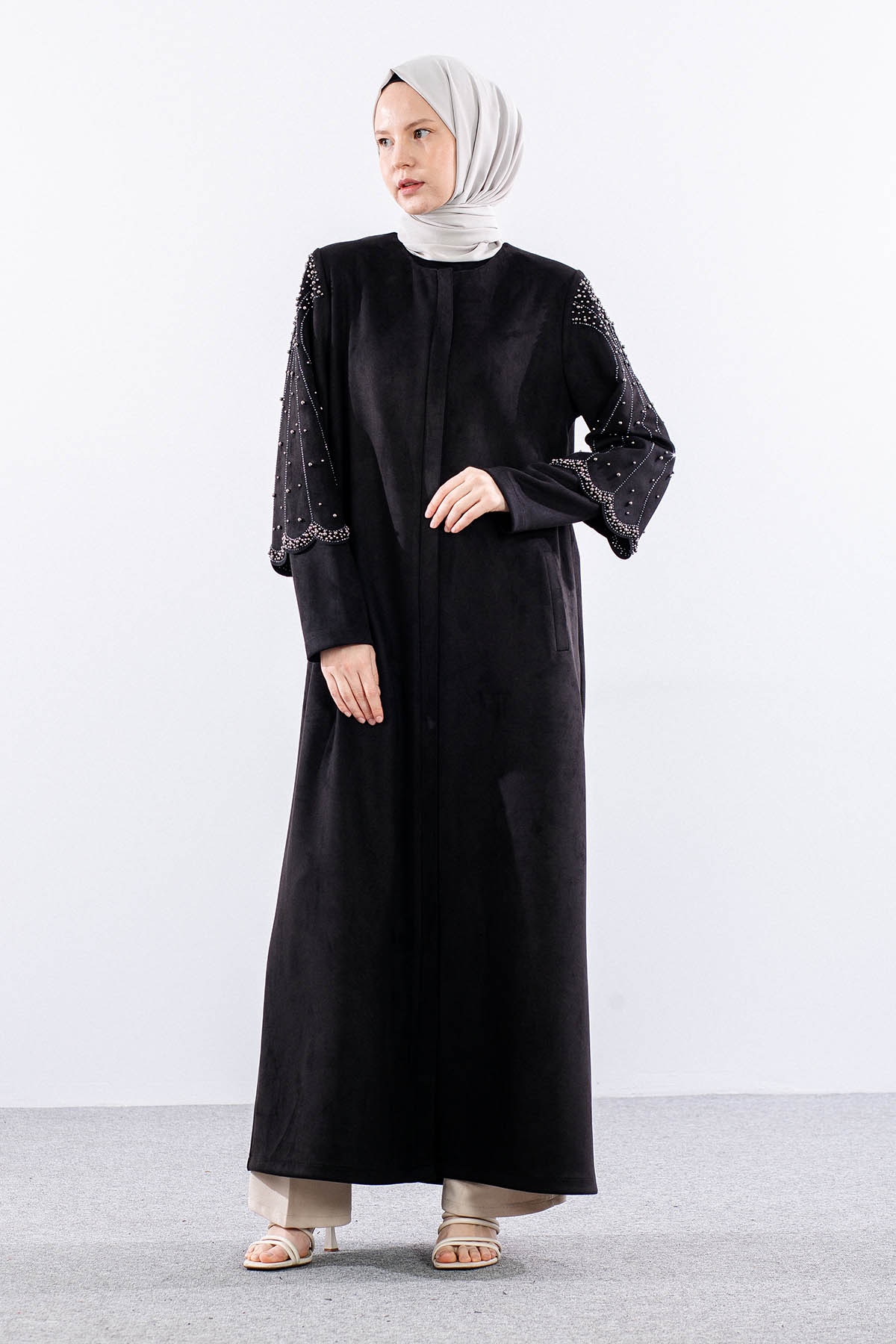 2521 Suet Kolu Taşli Pardesü 44-54 - Siyah - 1