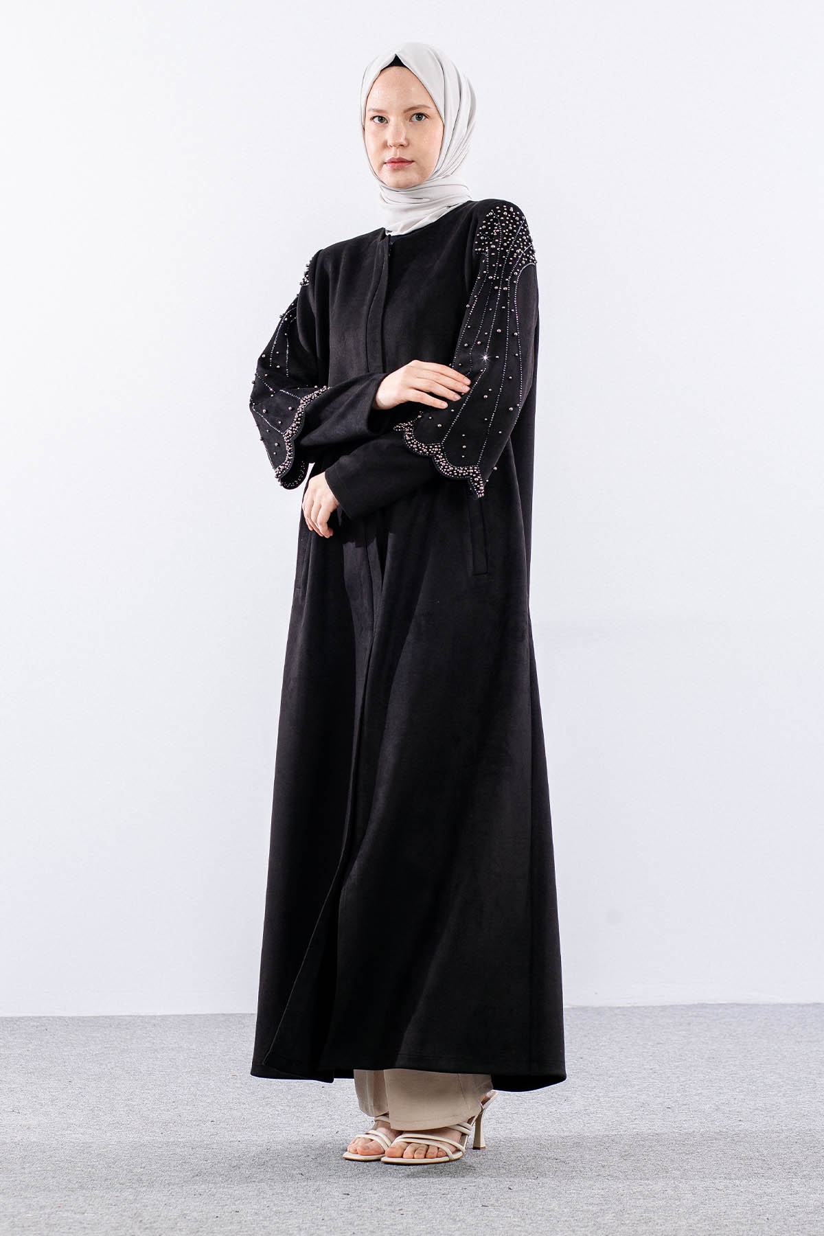 2521 Suet Kolu Taşli Pardesü 44-54 - Siyah - 2