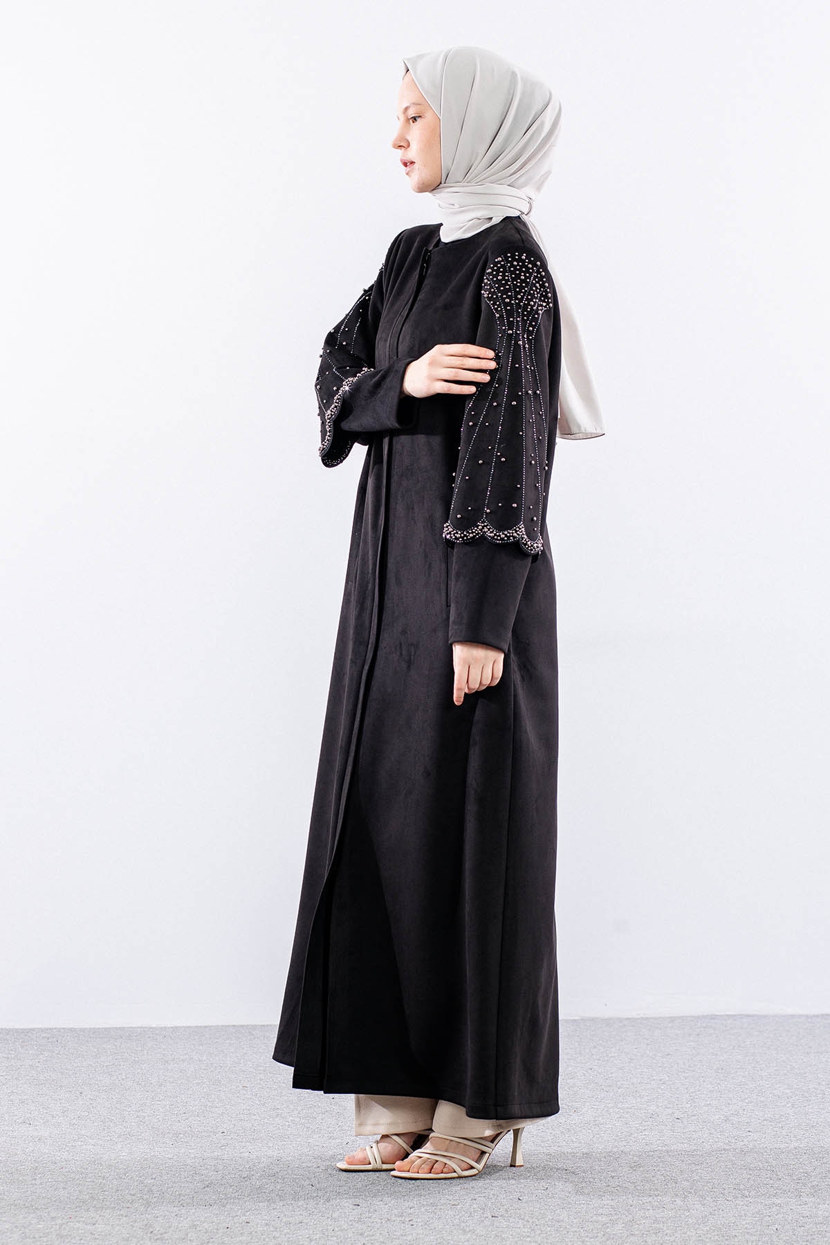 2521 Suet Kolu Taşli Pardesü 44-54 - Siyah - 3